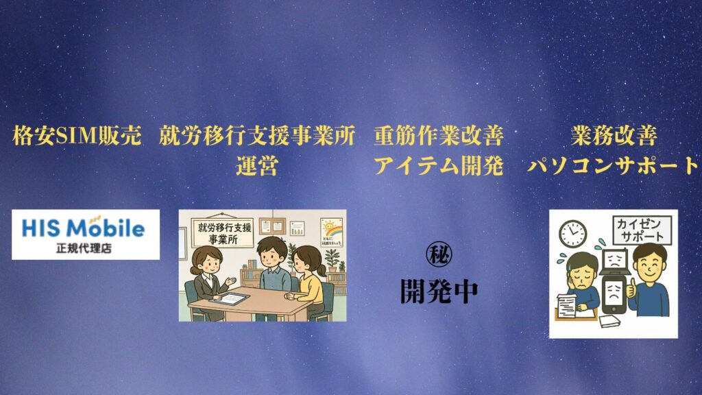 格安SIM販売、就労移行支援事業所運営、重筋作業改善アイテム開発、業務改善、パソコンサポート